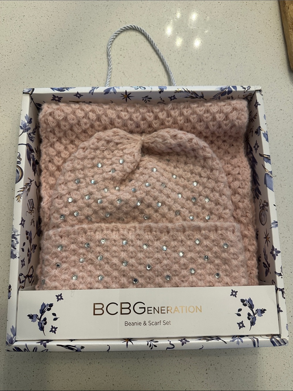 BCBGeneration Blush Pink Crystal-Embellished Knit Beanie and Scarf Set
